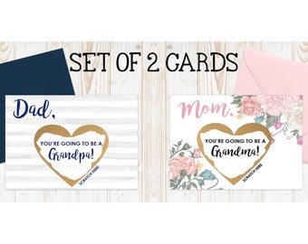 Pregnancy Announcement to Parents, 2 card set, You're going to be a grandma, You're going to be a grandpa, scratch off pregnancy reveal