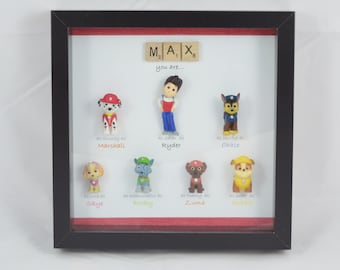 Personalised mini figures Paw Patrol style frame for girls and boys. Perfect birthday or christmas gift for Paw Patrol fans.