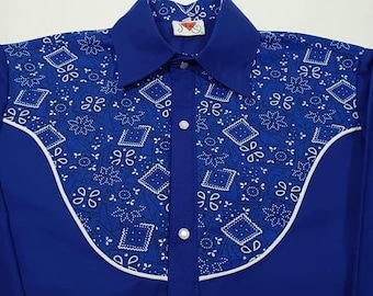 Bandana Print Western Shirt, Royal Blue men's western shirt, handmade. made to order