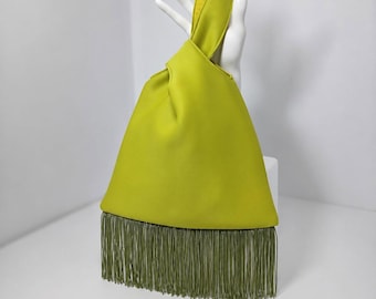 Chartreuse Neoprene Japanese Knot Bag with Fringe