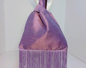 Elevated Dupioni Silk Knot Bag | Lilac Evening Bag with Matching Fringe