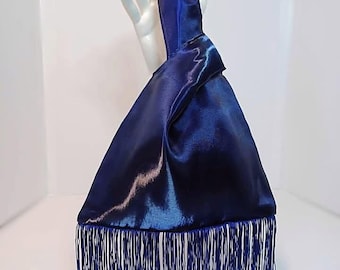 Navy Organza Knot Bag with Fringe