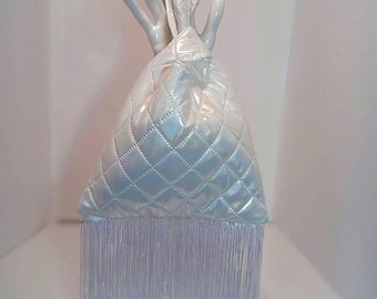 White Iridescent Chrome Quilted Knot Bag with Long Fringe