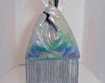 Silver Chrome Quilted Knot Bag with Long Fringe