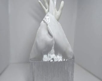 Ice White Liquid Organza Knot Bag with White Fringe