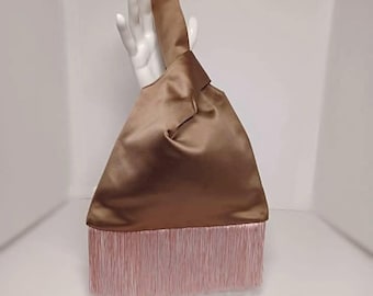 Taupe Satiny Fringe Knot Bag