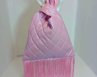 Pink Chrome Quilted Knot Bag with Long Fringe