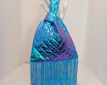 Turquoise Chrome Quilted Knot Bag with Long Fringe