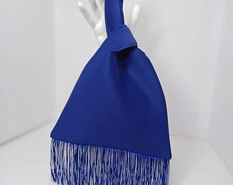 Royal Blue Neoprene Japanese Knot bag with fringe