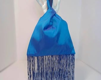 Deep Sky Blue faux silk evening bag with fringe