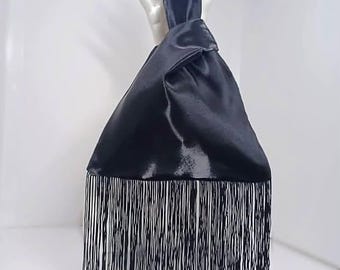 Black Liquid Organza Knot Bag with Fringe, 2 lengths