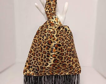 Leopard Print Satin Fringe Knot Bag with black fringe