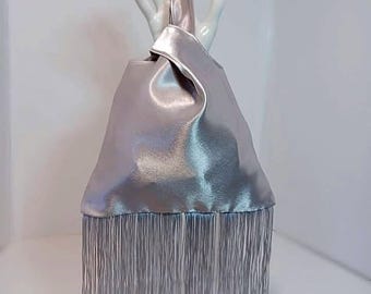 Silver Satin Knot bag with long fringe