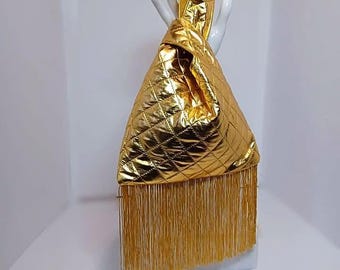 Gold Chrome Quilted Knot Bag with Long Fringe