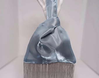 Frost Blue Liquid Organza Knot Bag with Silver Grey Fringe