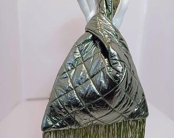 Olive Chrome Quilted Knot Bag with Fringe