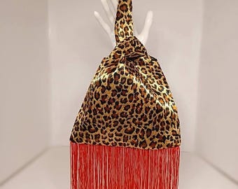 Rockabilly Leopard Print Satin Fringe Knot Bag with Red Fringe