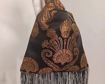 Black and Bronze Brocade Knot Bag with Fringe
