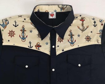 Navy Western shirt with anchors and sailing icons, made to order