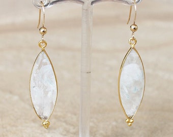 Large 14K Gold Moonstone Leaf Shaped Gemstone Earrings