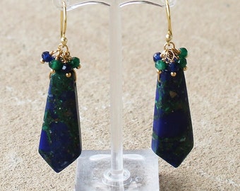 Blue and Green Sea Sediment Jasper Semi Precious Stone Drop Earrings with Blue Sapphire and Green Emerald