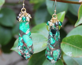 Gorgeous colourful Green Imperial Jasper Stone Earrings featuring Green Onyx, Citrine & Agate set in 18K Gold