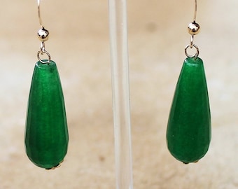 Faceted Dyed Green Jade Semi Precious Stone Teardrop Dangle Earrings (18K Yellow or Rose Gold or 925 Sterling Silver)