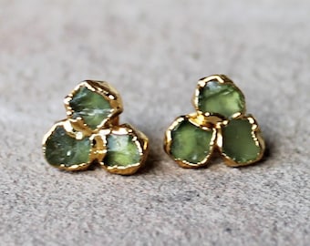 Natural Raw Rough Green Peridot Gemstone | 14K yellow gold plated birthstone stud earrings | flower design stud earrings | August Birthstone