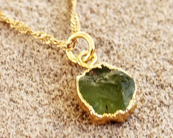 Small Raw Rough Gemstone Birthstone Pendant Necklace - Green Peridot - August Birthstone - Gold plated