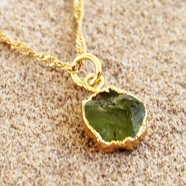 Small Raw Rough Gemstone Birthstone Pendant Necklace - Green Peridot - August Birthstone - Gold plated