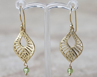 Cutout Gold Plated Teardrop Shape Earrings with Natural Green Peridot Semi Precious Stone Drop - Customise with your favourite birthstone