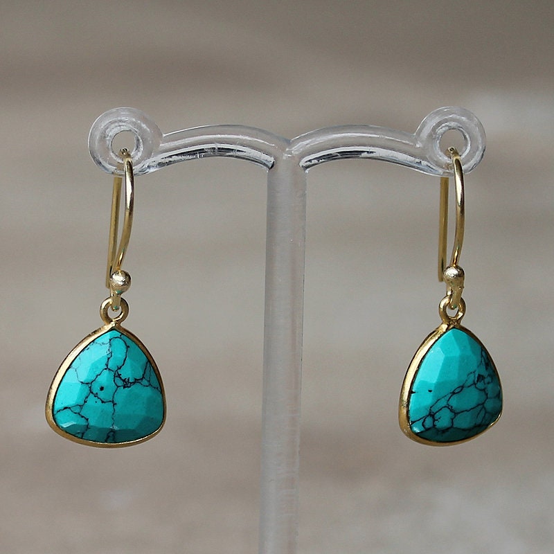 Natural Faceted Blue Turquoise Simple Triangular Gemstone Earrings in 14K Gold - December Birthstone