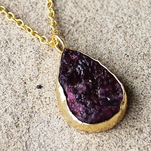 Rough Raw Natural Red Ruby Teardrop Pendant | 24K Gold | July Birthstone