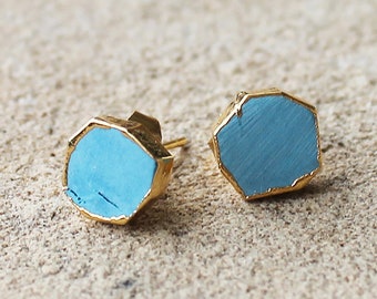 Natural Raw Rough Blue Turquoise Gemstone 14K yellow gold plated birthstone stud earrings - December Birthstone