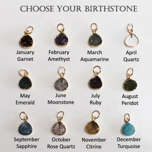 May include: A chart displaying the birthstones for each month of the year. The chart features 12 small gold pendants with different coloured gemstones. Each pendant is labelled with the month and the name of the birthstone. The birthstones are: Garnet, Amethyst, Aquamarine, Quartz, Emerald, Moonstone, Ruby, Peridot, Sapphire, Rose Quartz, Citrine, and Turquoise.