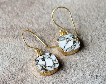 White or Blue Mohave Copper Turquoise 24K Gold Plated Square Shaped Semi Precious Stone Drop Earrings