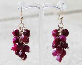 Natural Hot Pink Cats Eye Faceted Semi Precious Cluster Gemstone Dangle 18K Yellow Gold Earrings