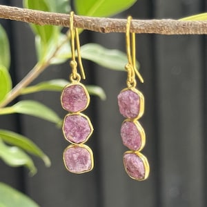 24K Gold Gemstone Dangle Earrings | Raw Rough Ruby, Aquamarine, Citrine, Sapphire, Herkimer, Tanzanite, Peridot, Rose Quartz or Emerald