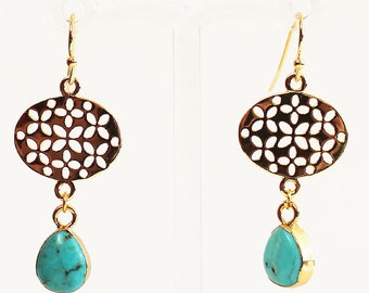 18K Gold Plated Earrings with Natural Blue Turquoise Semi Precious Stone Drop