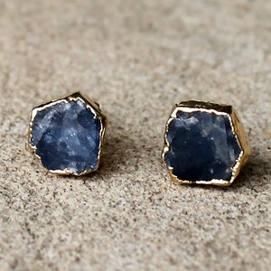 Natural Raw Rough Blue Sapphire Gemstone 14K yellow gold plated birthstone stud earrings - September Birthstone