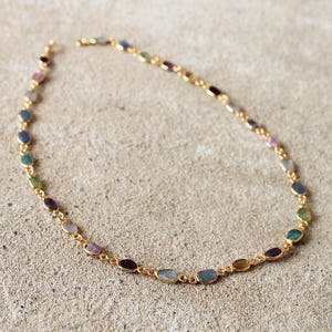 16" Colourful Birthstone Gemstone Necklace - Small Raw Rough Irregular Natural Birthstones - 14K Yellow Gold Plated