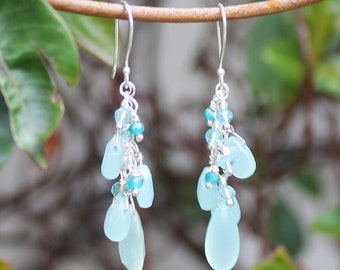 Delicate Blue Chalcedony Teardrop with Blue Topaz Gemstone Earrings on solid sterling silver