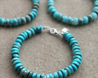 Sea Jasper Semi Precious Stone Bracelet with Solid Sterling Silver Clasp - Blue, Green, Red, Black - 3 Designs to select from