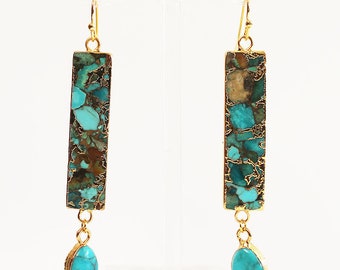 18K Gold Plated Blue Copper Turquoise Rectangle Bar Semi Precious Stone Drop Earrings