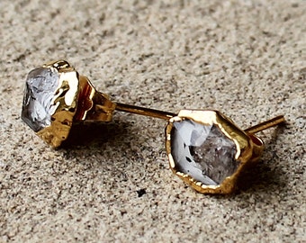 Natural Raw Rough Herkimer Diamond Gemstone | 14K yellow gold plated birthstone stud earrings | April Birthstone