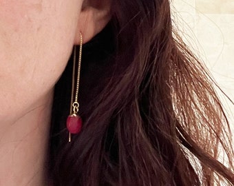 Gold Threader Earrings with Tiny Faceted Gemstone - 14K Yellow Gold Plated - Dark Pink Jade or Turquoise