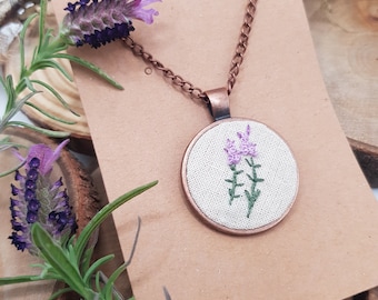Hand Embroidered Necklace - Lavender / Hand Made Jewelry / Floral Necklace / Embroidery