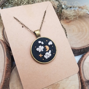 Hand Embroidered Necklace - Night Sky / Moon / Hand Made Jewelry / Embroidery