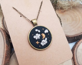 Hand Embroidered Necklace - Night Sky / Moon / Hand Made Jewelry / Embroidery
