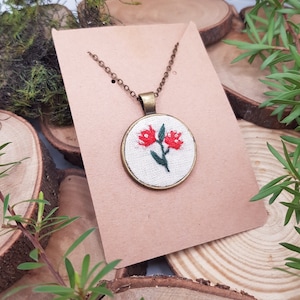 Hand Embroidered Necklace -New Zealand Pohutukawa / Hand Made Jewelry / Embroidery